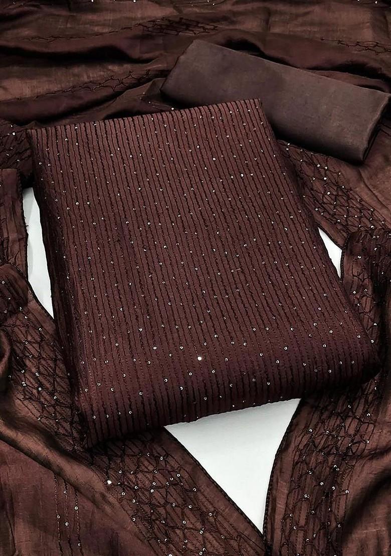 Brown Embroidered Poly Blend Dress Material