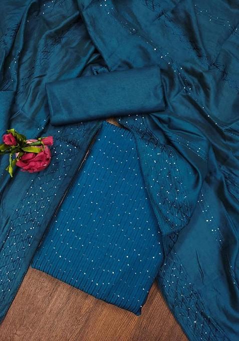 Turquoise Blue Embroidered Poly Blend Dress Material