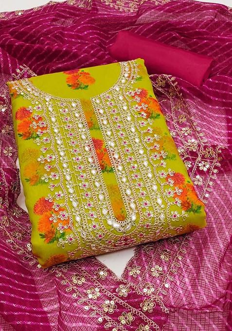 Green Embroidered Poly Blend Dress Material