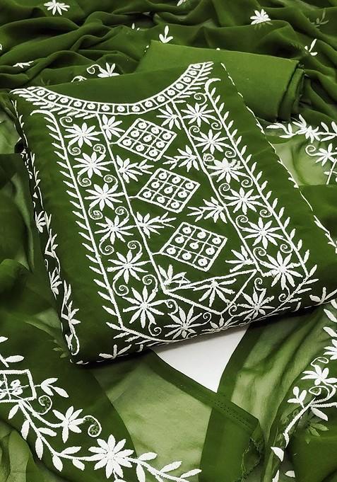 Green Embroidered Poly Blend Dress Material