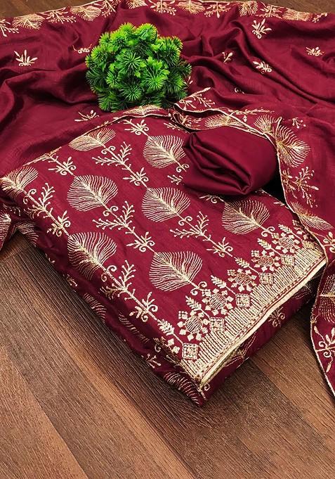 Red Embroidered Poly Blend Dress Material