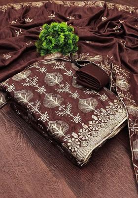 Brown Embroidered Poly Blend Dress Material