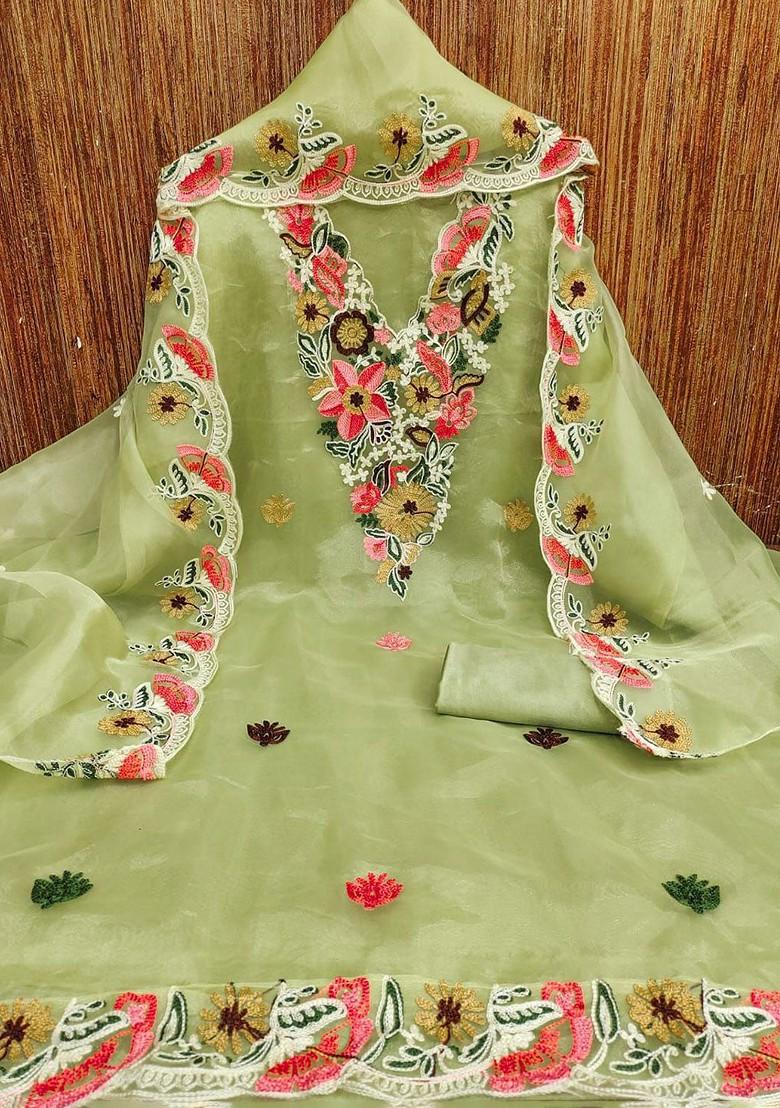 Sea Green Embroidered Poly Blend Dress Material