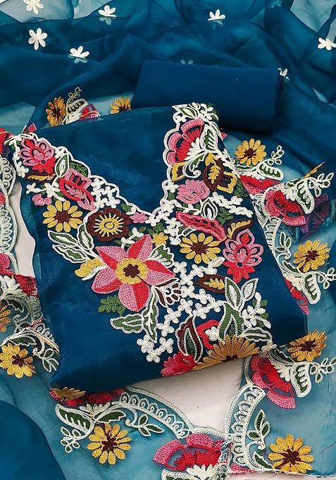 Blue Embroidered Poly Blend Dress Material