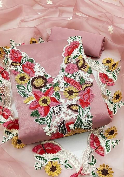 Pink Embroidered Poly Blend Dress Material