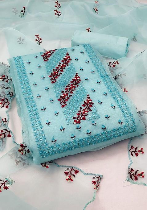 Blue Embroidered Poly Blend Dress Material