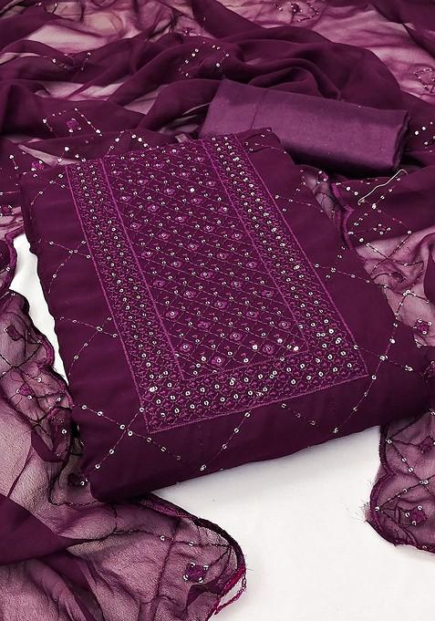 Purple Embroidered Poly Blend Dress Material