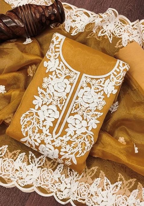 Golden Embroidered Poly Blend Dress Material