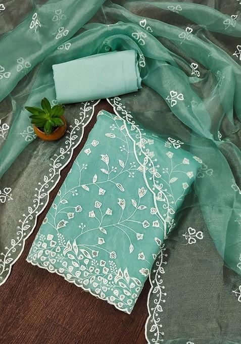 Teal Embroidered Poly Blend Dress Material
