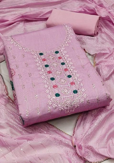 Pink Embroidered Poly Blend Dress Material