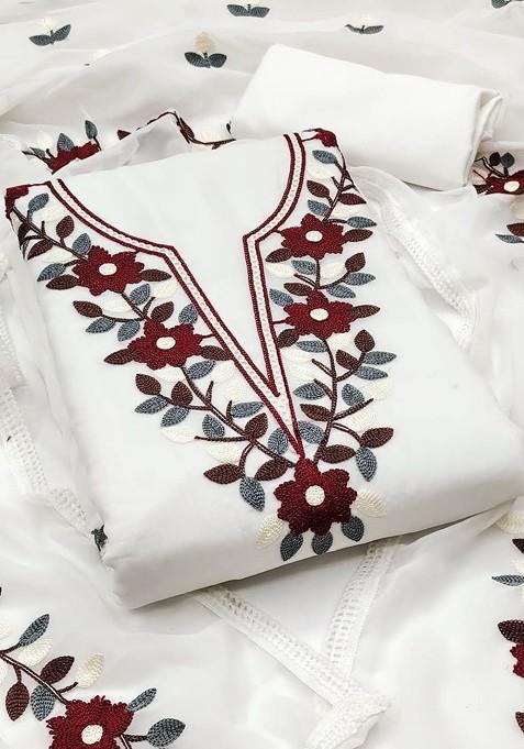 White Embroidered Poly Blend Dress Material