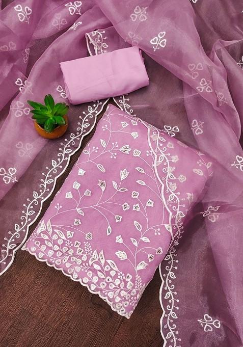 Pink Embroidered Poly Blend Dress Material