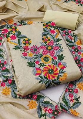 Brown Embroidered Poly Blend Dress Material