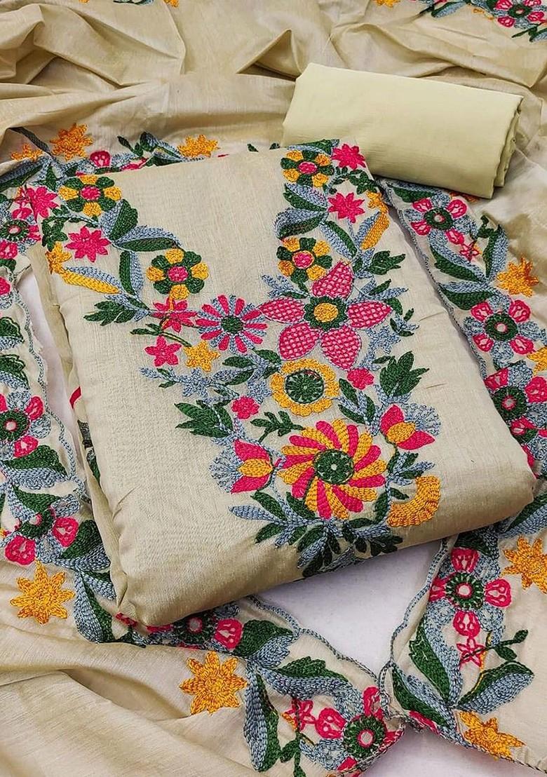 Brown Embroidered Poly Blend Dress Material