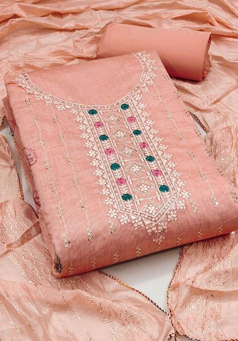 Peach Embroidered Poly Blend Dress Material