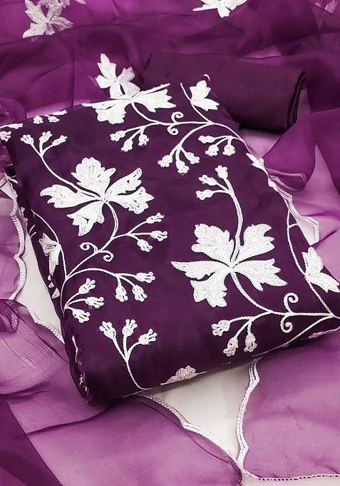 Purple Embroidered Poly Blend Dress Material