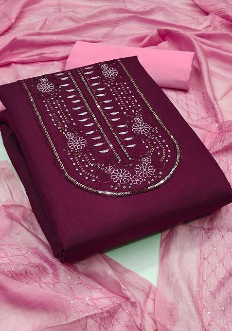 Purple Embroidered Poly Blend Dress Material