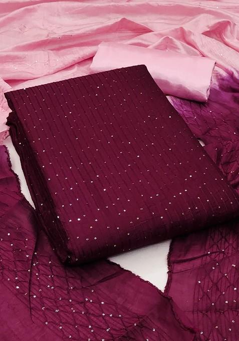 Maroon Embroidered Poly Blend Dress Material