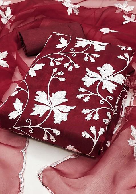 Maroon Embroidered Poly Blend Dress Material