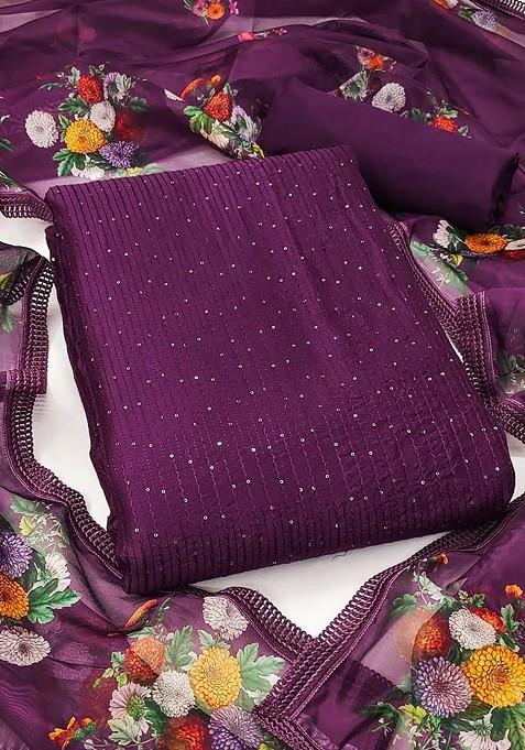 Purple Embroidered Poly Blend Dress Material