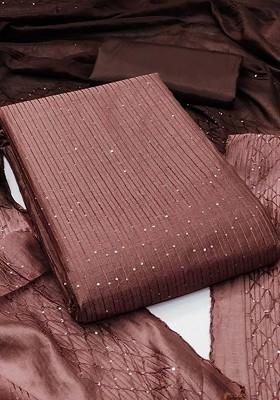 Brown Embroidered Poly Blend Dress Material