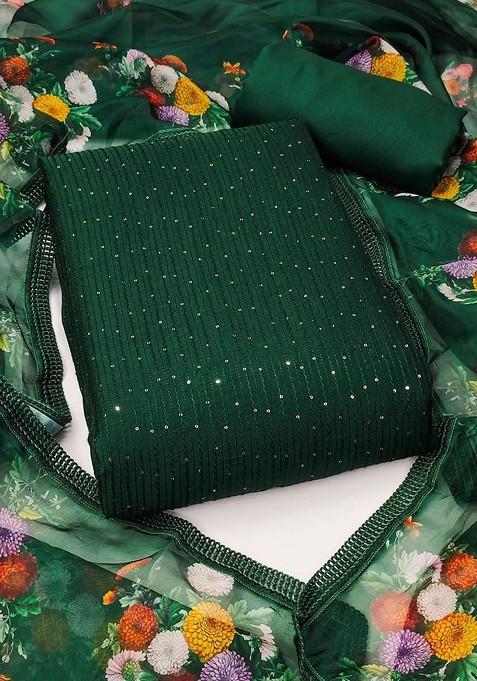 Green Embroidered Poly Blend Dress Material