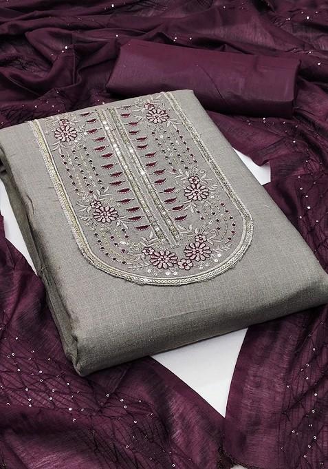 Grey Embroidered Poly Blend Dress Material