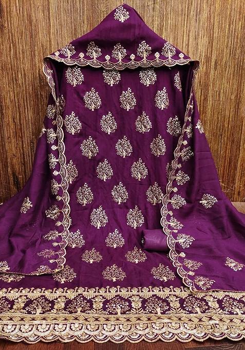 Purple Embroidered Poly Blend Dress Material
