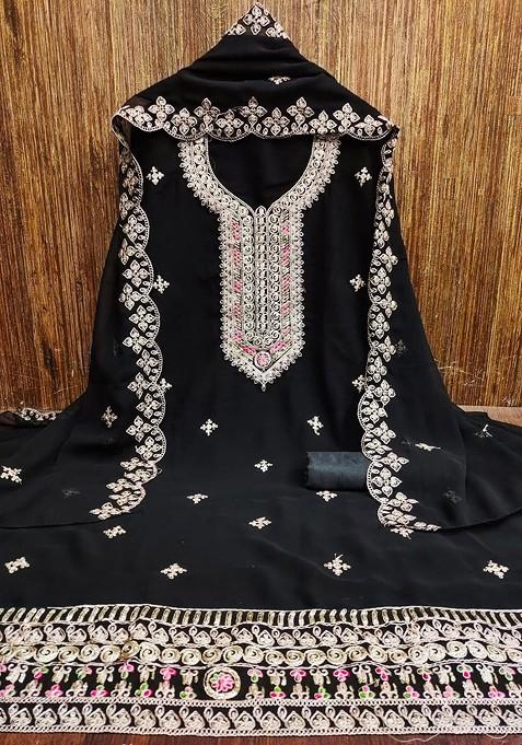 Black Sequin Embroidered Poly Blend Dress Material