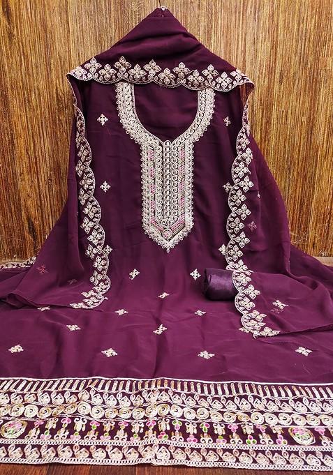 Purple Embroidered Poly Blend Dress Material