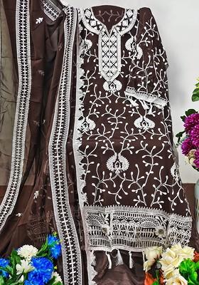 Brown Embroidered Poly Blend Dress Material