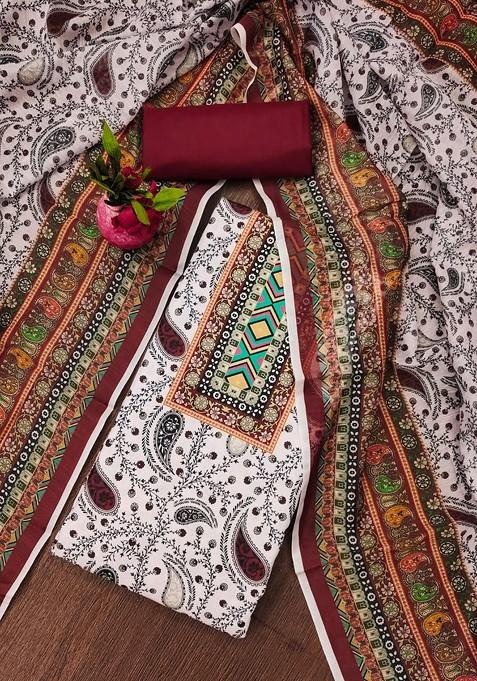 Red Embroidered Poly Blend Dress Material