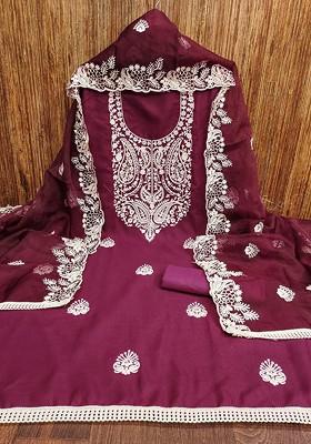 Purple Floral Embroidered Poly Blend Dress Material