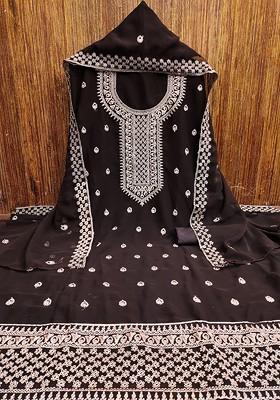 Brown Embroidered Poly Blend Dress Material