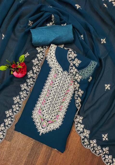 Blue Embroidered Poly Blend Dress Material