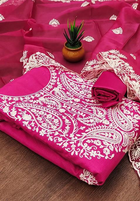 Pink Ethnic Motifs Embroidered Poly Blend Dress Material