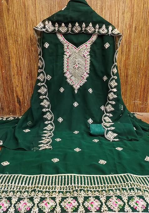 Green Embroidered Poly Blend Dress Material