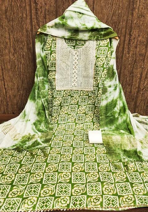 Green Floral Embroidered Cotton Dress Material