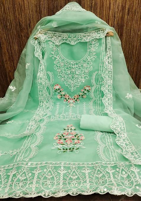 Green Sequin Embroidered Poly Blend Dress Material