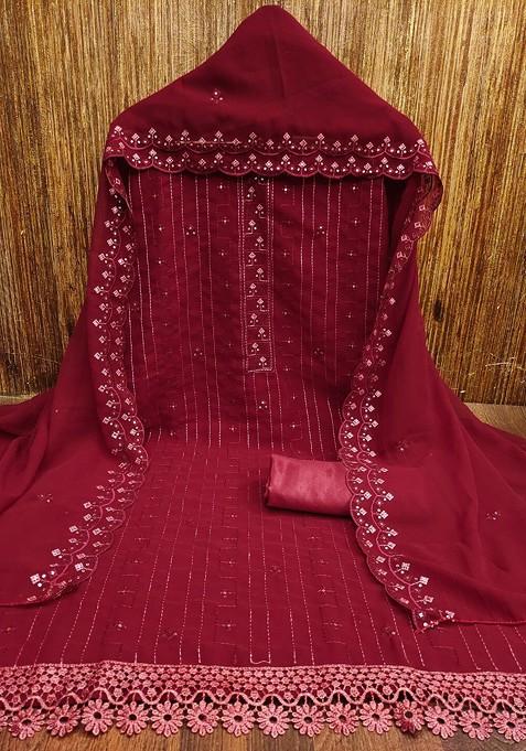 Red Sequin Embroidered Poly Blend Dress Material