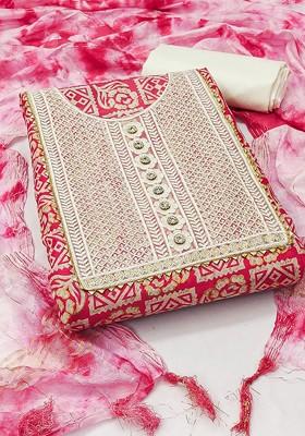 Red Embroidered Cotton Dress Material