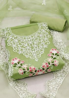 Green Floral Embroidered Poly Blend Dress Material