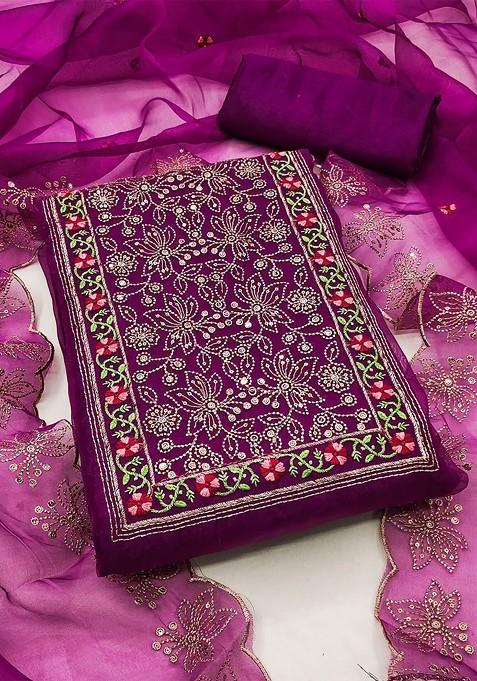 Purple Embroidered Poly Blend Dress Material