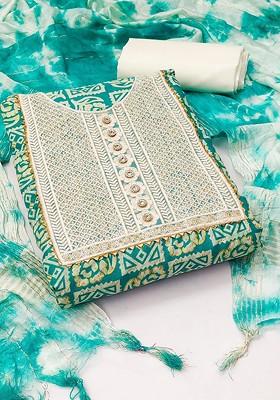 Turquoise Blue Printed Cotton Dress Material