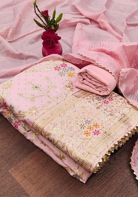Pink Woven Poly Blend Dress Material