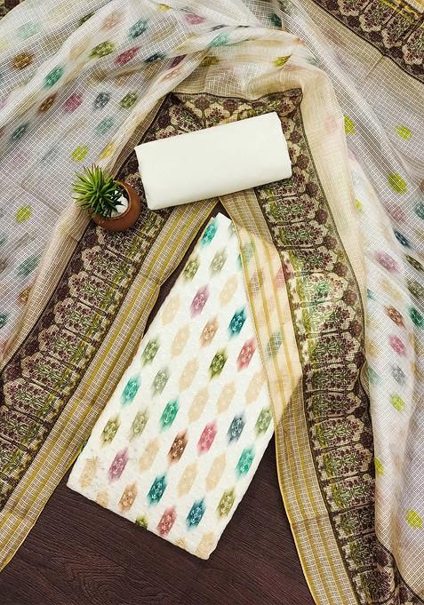 Cream Ethnic Motifs Woven Poly Blend Dress Material