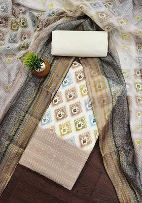 Cream Printed Poly Blend Dress Material