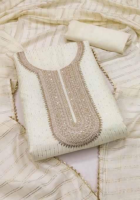 White Sequin Embroidered Poly Blend Dress Material