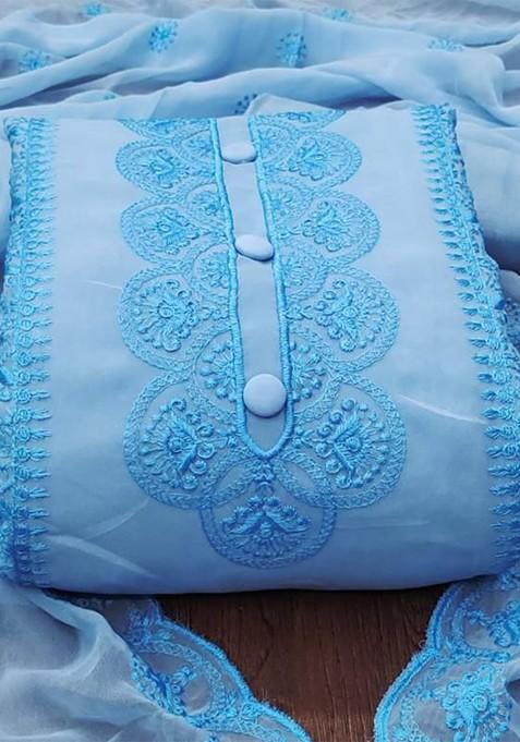 Blue Embroidered Poly Blend Dress Material