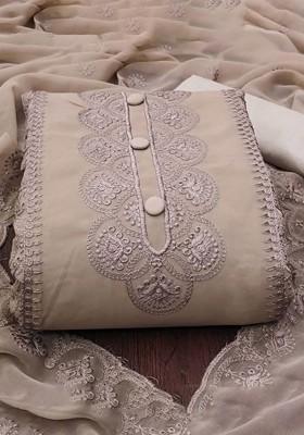 Brown Ethnic Motifs Embroidered Poly Blend Dress Material